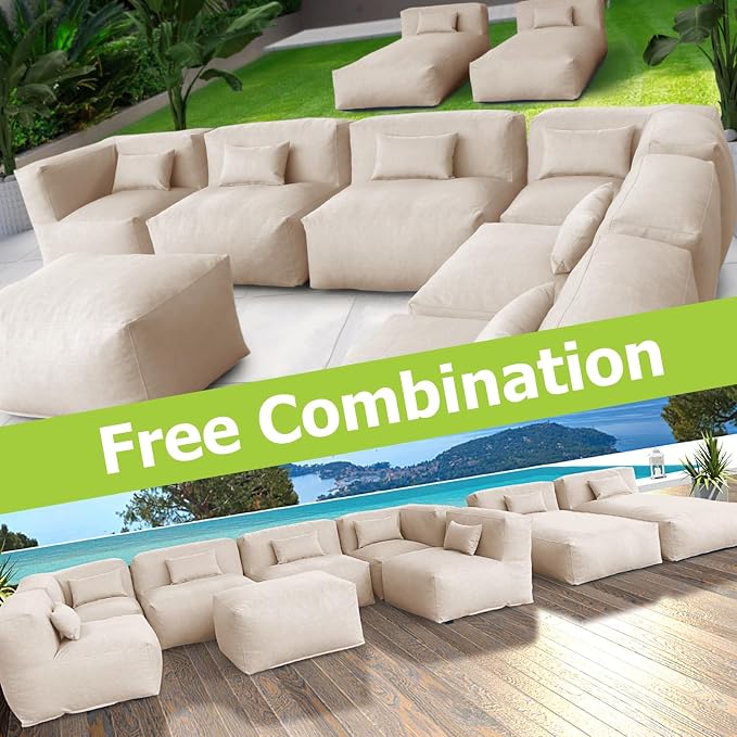 Patio Conversation Set Bean Bag Eraclea 9C Outdoor Chairs Sectional Daybed Furniture Outdoor Sofa Couch High Density Foam Filling Modern Comfy Patio Couch (Light Beige)