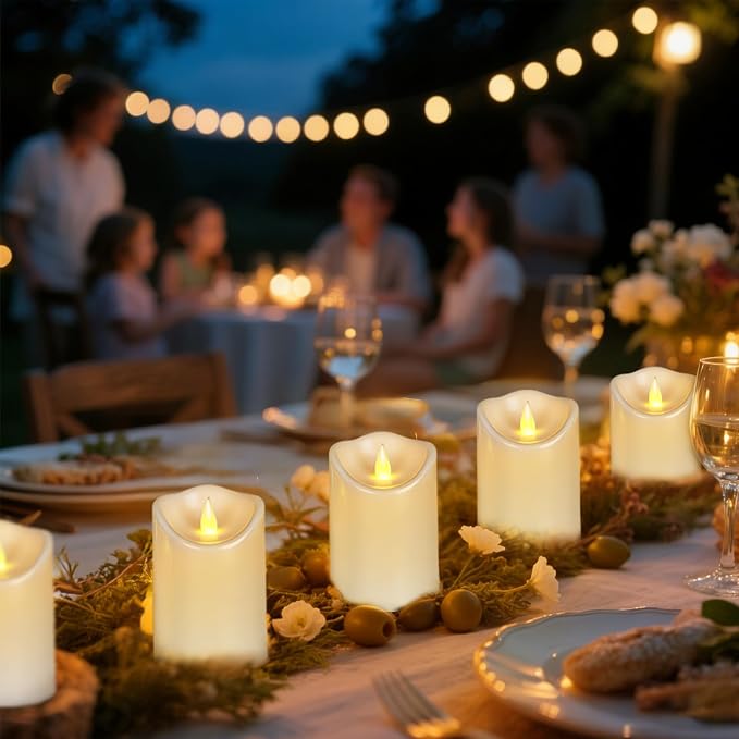 Outdoor Flameless Candles, Patented 3D Dual-LED, Set of 9 Slanted Plastic Pillars with 2 Remotes, Pure White Waterproof Non-Melting Battery Operated Large Set for Modern Fireplace, White