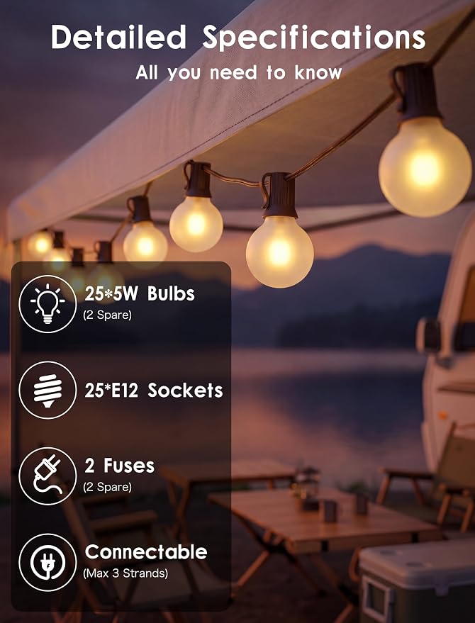 SUNSGNE 25Ft Outdoor Edison String Lights G40 Globe String Lights with 27 Frosted White Bulbs, Waterproof Connectable Hanging String Light for Christmas Patio House Backyard Balcony Party, Brown Wire