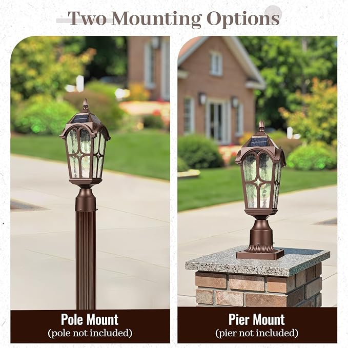 17.3 Inch Outdoor Solar Post Light, Dusk to Dawn Pier Mount Pole Lamp, Oil Rubbed Bronze Aluminum with Seeded Water Ripple Glass, Waterproof Exterior Lantern for Yard Garden Patio Driveway