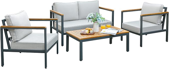 Devoko 4 Pieces Patio Furniture Sets Outdoor Conversation Set Acacia Wood Sofa Set with Coffee Table Thicker Sponge Cushion