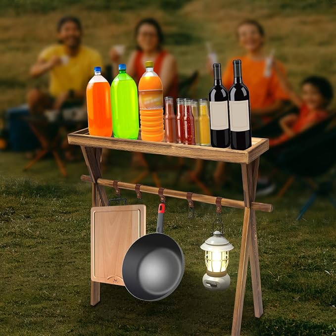 Portable Wooden Picnic Rack, with hanging hook, Lightweight Wood Outdoor Shelf Foldable Travel Camping Table Rack for Storage,Outdoor Kitchen,RV Picnic,BBQ,Home Storage