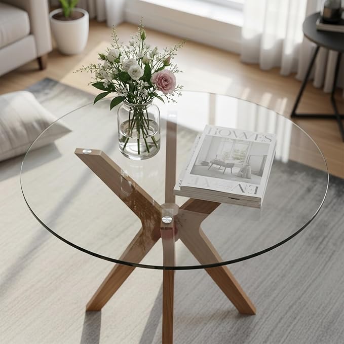 36 inch Round 1/4" Thick Pencil Polished Edge Glass Table Top with 6 Bumpers - Tempered, Scratch Resistant & Safety Replacement Glass Designed for Dining, Coffee, Patio & End Tables