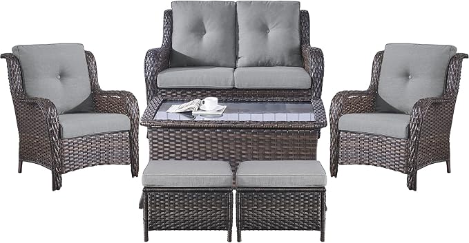 Belord 6 Pieces Patio Furniture Set Outdoor Wicker Furniture, 2 Patio Wicker Chairs with 1 Loveseat Sofa, Coffee Table and Ottomans, Patio Conversation Set for Porch Garden Deck Balcony Poolside