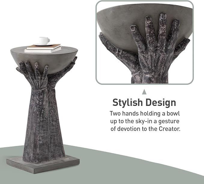 SUNBURY Outdoor Side Table, 24" H Hand-Shaped Concrete Side Table, Accent Patio End for Outside, Decorative Garden Stool for Plant Stand, Balcony