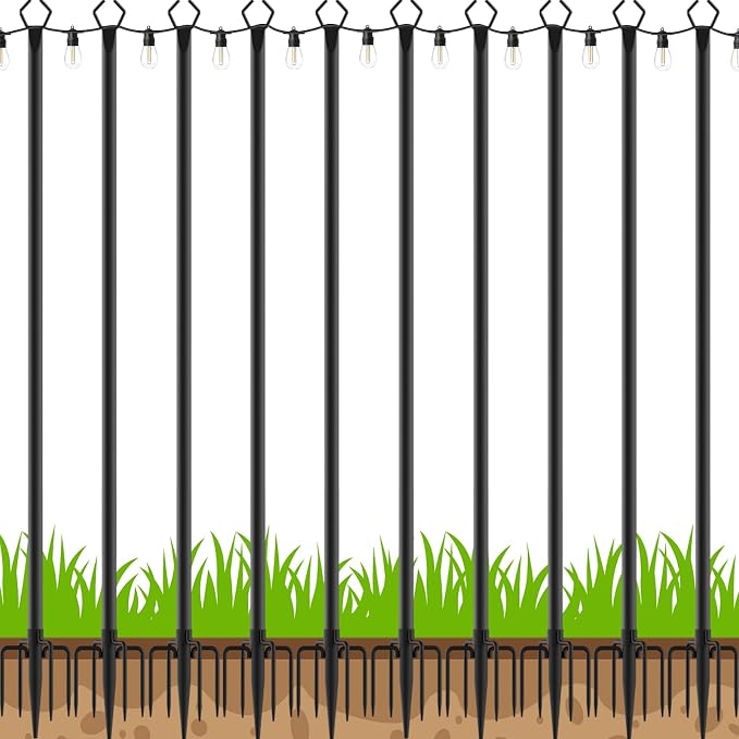 AHRLHR 10 Pack String Light Poles, Outdoor String Light Pole 10 ft Forked Metal Light Pole with Adjustable Outdoor Light Stand, Deck, Backyard, Garden, Wedding, Rustproof and Sturdy with Hooks.