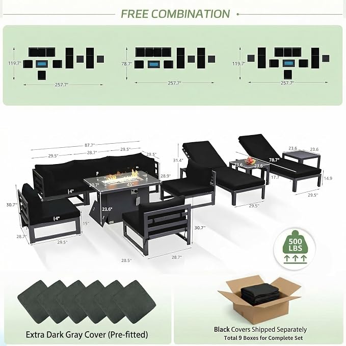 RADIATA 11 Pcs Extra Large Modern Aluminum Outdoor Furniture Set with Lounger & Fire Pit Table, 29 inch Deep Wide Couch Set, 500 lbs Heavy Duty Comfortable Patio Sectional Sofa for Edge of Pool, Black