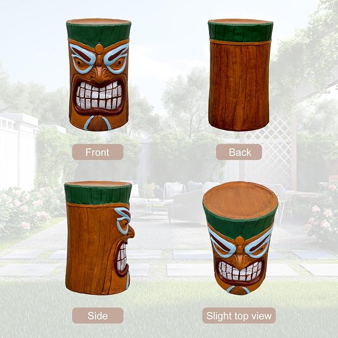 Tiki Outdoor Side Table, 20 Inch Fiber Reinforced Concrete Patio End Table, Decorative Garden Statue Stool with Wood Grain Tribal Mask Design for Garden, Porch, Poolside, Deck