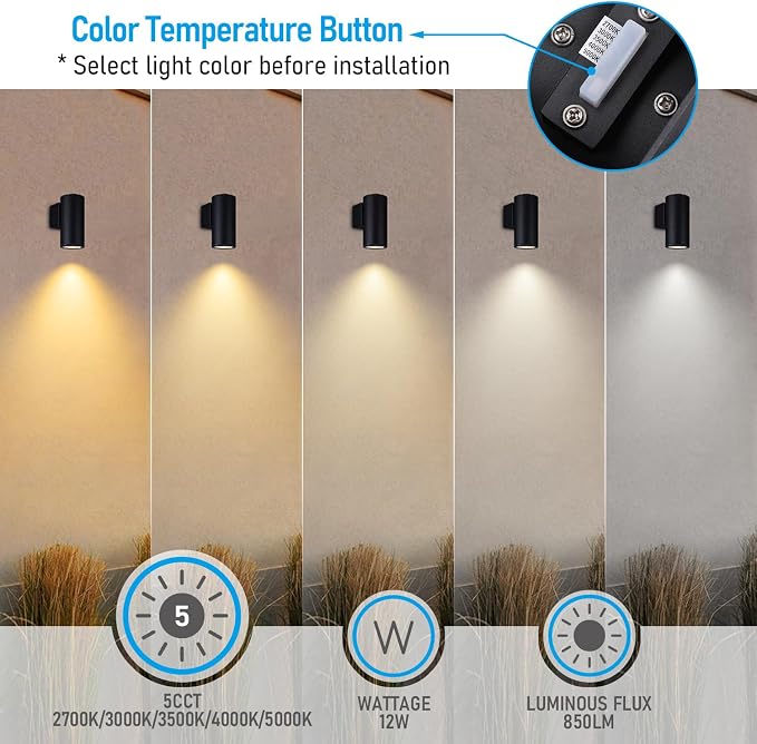 LEONLITE 2-Pack 9 Inch 5CCT Integrated Cylinder LED Down Light Outdoor | 2700K/3000K/3500K/4000K/5000K, 110V-277V, 12W, Aluminum Wall Sconce, IP65, ETL Listed, Exterior Light Fixture Wall Mount