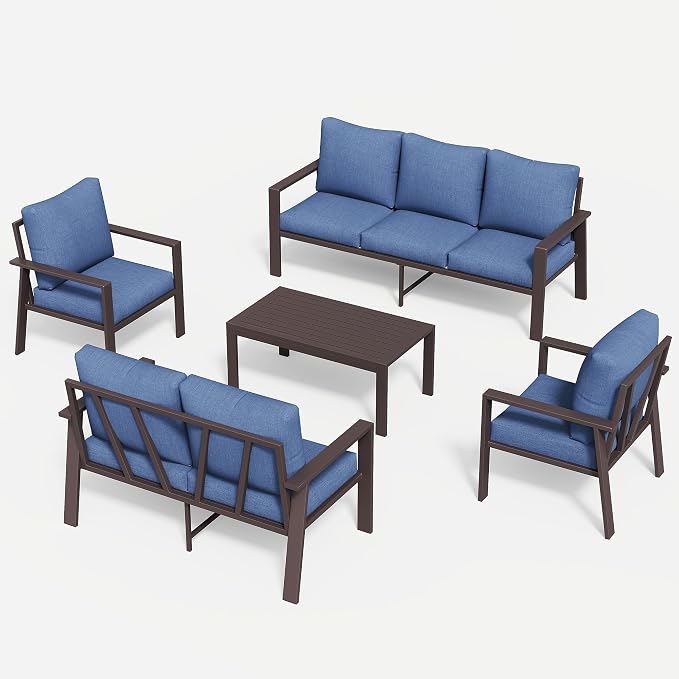 Aluminum Patio Furniture Set 5 Pieces Modern Patio Conversation Sets for Porch, Deck, Garden, 7-Seat Outdoor Furniture Metal Sofa Set with 4" Water-Resistant Cushion & Coffee Table,Navy