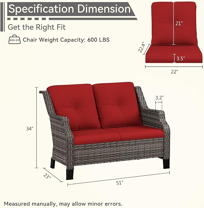Patio Furniture Couch Outdoors, Rattan Wicker Loveseat with Deep Seating and Olefin Cushions, for Garden Porch Deck Balcony, Red