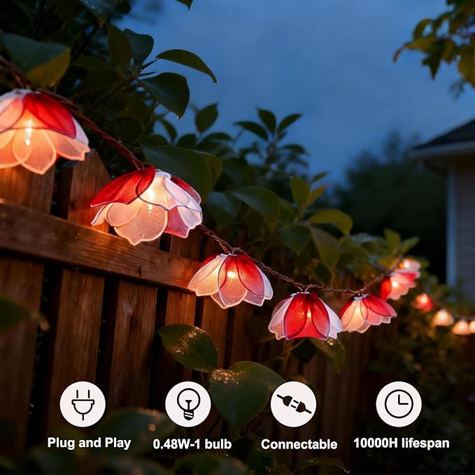 Decorative String Lights Plug in with 10 Bulbs, Flower Garland Fairy Lights Connectable Weatherproof Outdoor Indoor for Wedding Pergola Bedroom Porch Floral Home Decor (Purple White)