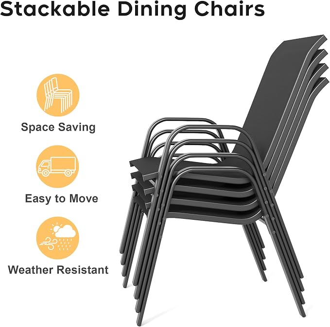 5 Pieces of Outdoor Dining Set - Square Patio Table with Umbrella Hole and 4 Stackable Dining Chairs All-Weather for Garden, Deck, and Poolside (Natural, 38“L x 38“W x 28"H Square Dining Table)