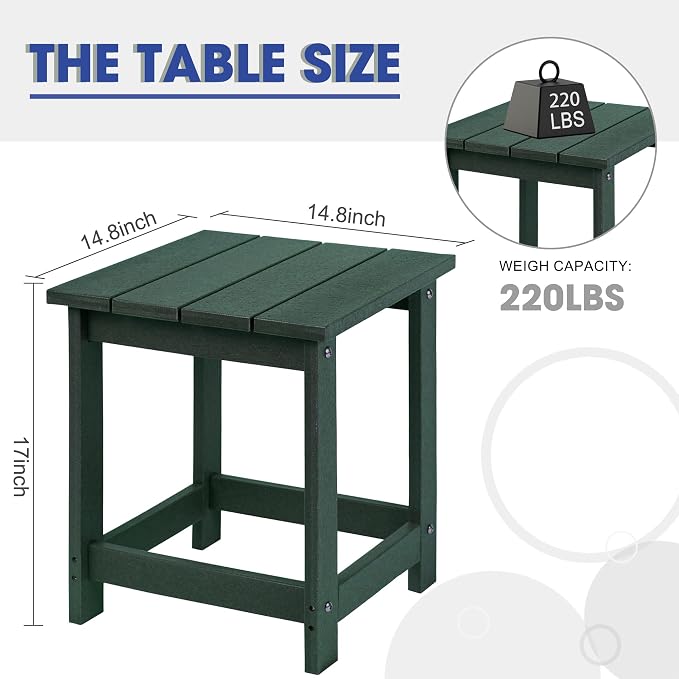 LZRS Patio End Table, Heavy Duty HDPE Outdoor Coffee Table with Wood Texture, Weatherproof Composite Table for Adirondack Chairs, Deck, Pool, Indoor/Outdoor, No Peeling or Cracking(Dark Green)