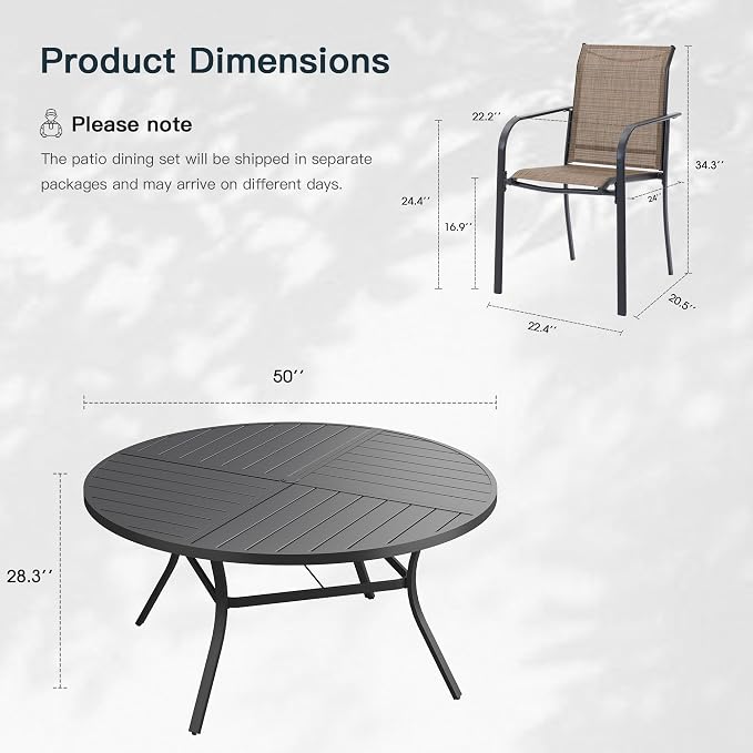 VICLLAX 7 Pieces Patio Outdoor Dining Set, 50" Round Metal Table with Umbrella Hole and 6 Stackable Textilene Chairs for Patio, Lawn, Garden, Porch, Black/Brown