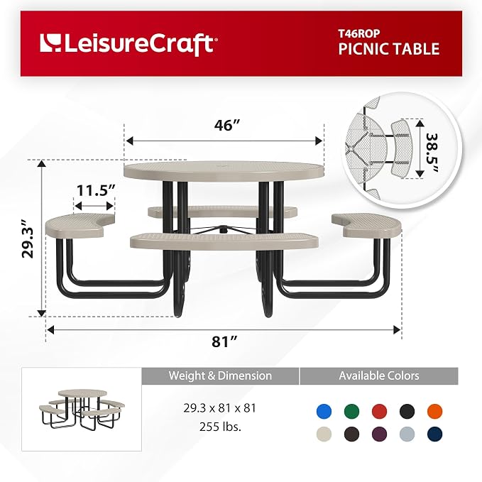 Leisure Craft Metal Picnic Table with Bench - 46" Round Outdoor Dining Table for 8 with Umbrella Hole, Weatherproof Heavy Duty Thermoplastic Coating, Commercial Grade Furniture Made in USA - Beige