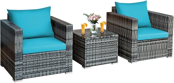 MARURY 3 PC Patio Rattan Furniture Bistro Set Outdoor Furniture Modern Conversation Set with Loveseat and Coffee Table, for Porch, Garden, Balcony