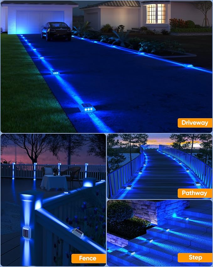 DetarZinLED Blue Solar Dock Lights for Outside IP68 Waterproof Led 12 Pack | Sturdy PC Shell, Stick on & Screw Mount, Markers Light for Outdoor Deck, Driveway, Step, Walkway, Path, Sidewalk, Patio, pool