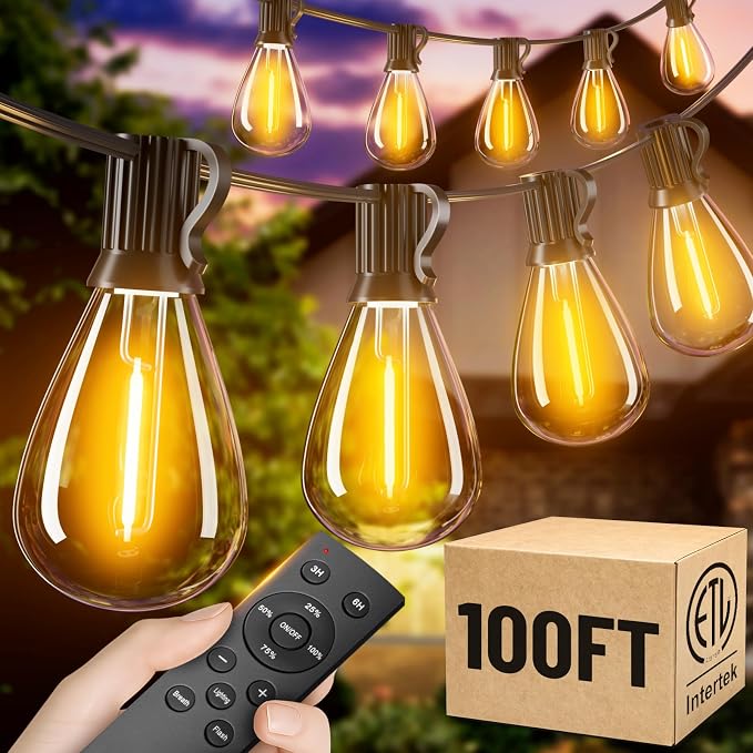 100FT Outdoor String Lights with Remote, Waterproof Patio Lights with 35+1 Shatterproof LED Bulbs,Dimmable Hanging Decor for Backyard Garden Porch Bistro, Timer & 3 Modes,2200K Warm White