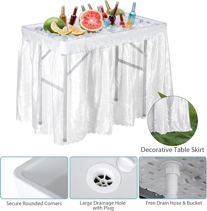SUPER DEAL Party Ice Cooler Folding Table with 5L Bucket, Portable Outdoor Cooler Table with Removable Matching Skirt, Large Sink and Drain for BBQ, Picnic, and Camping