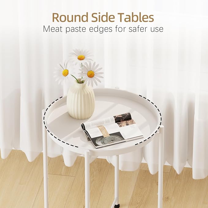 Garden 4 you Small Side Table, White Mini Round End Table, Tray Table with Metal Frame, Modern Nightstand for Living Room, Bedroom, Patio, Small Space, 2pcs