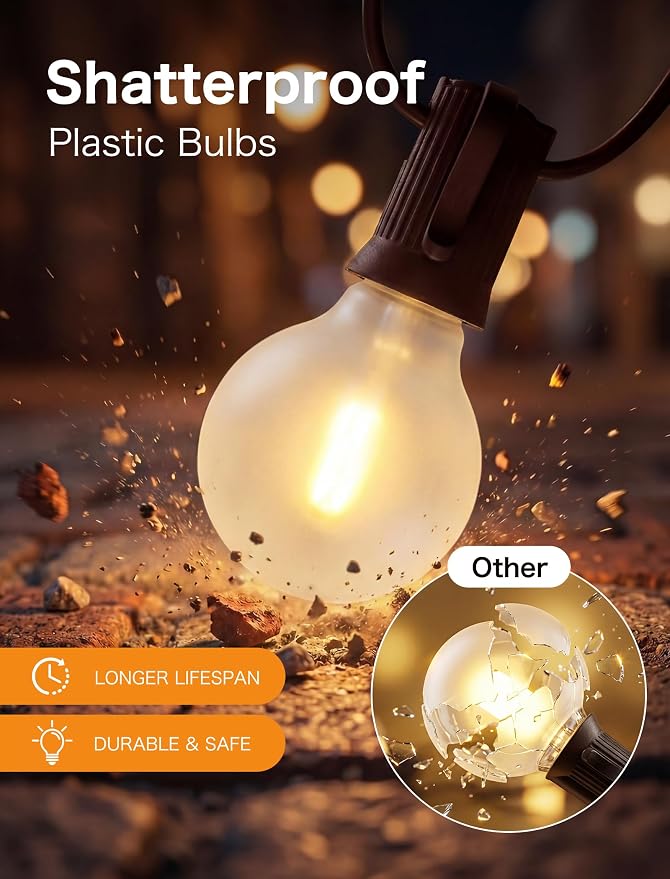 SUNSGNE 50FT Brown Outdoor Edison String Lights, Waterproof Shatterproof LED Globe String Lights with 50 G40 LED Frosted White Bulbs for Backyard Patio Porch Balcony Party Decor, E12 Base
