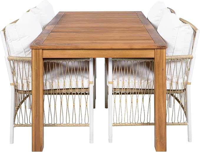 Merax 5 Piece Patio Dining Set, Outdoor Acacia Wood 67 Inch Dinning Table with Sturdy Legs and 4 Rattan Arm Chairs w/Cousions & Pillows for Backyard,Balcony, Garden, Poolside, Natural