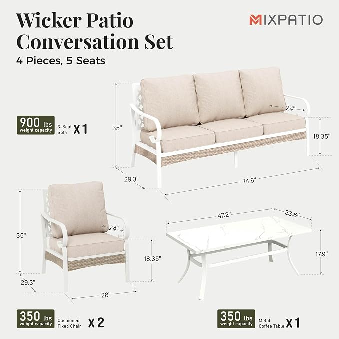 MIXPATIO 4 Piece Patio Furniture Set, 2 x Fixed Chair, 1 x 3-Seat Sofa with Marbling Coffee Table, All Cushioned 5 Seats Outdoor Conversation Set for Lawn Garden Backyard, Beige