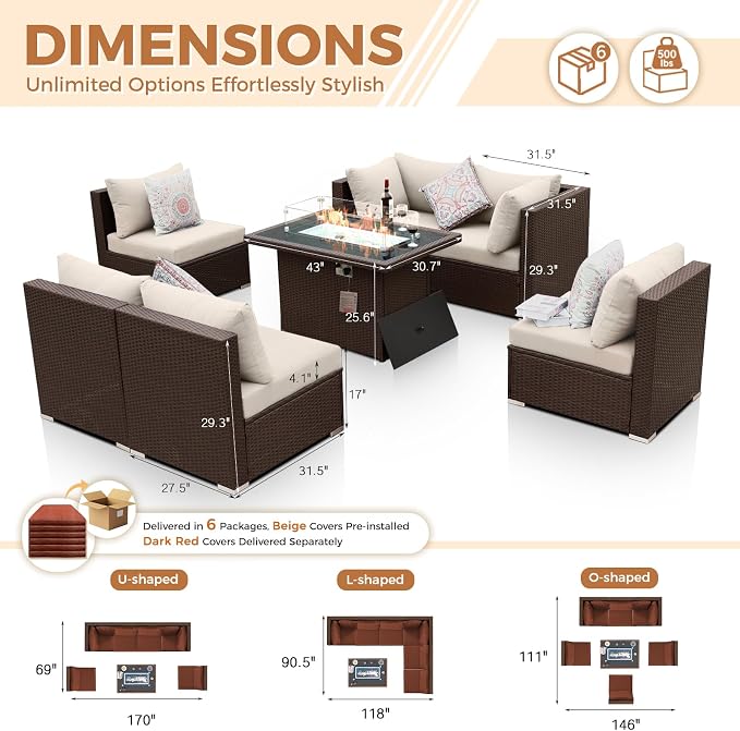 BULEXYARD 7-Piece Outdoor Patio Furniture Set with Propane/Natural Gas Fire Pit Table, Comfortable High-Back Sectional Couch Sofa, All-Weather Heavy Duty Backyard Seating, Brown Rattan & Red Cushion