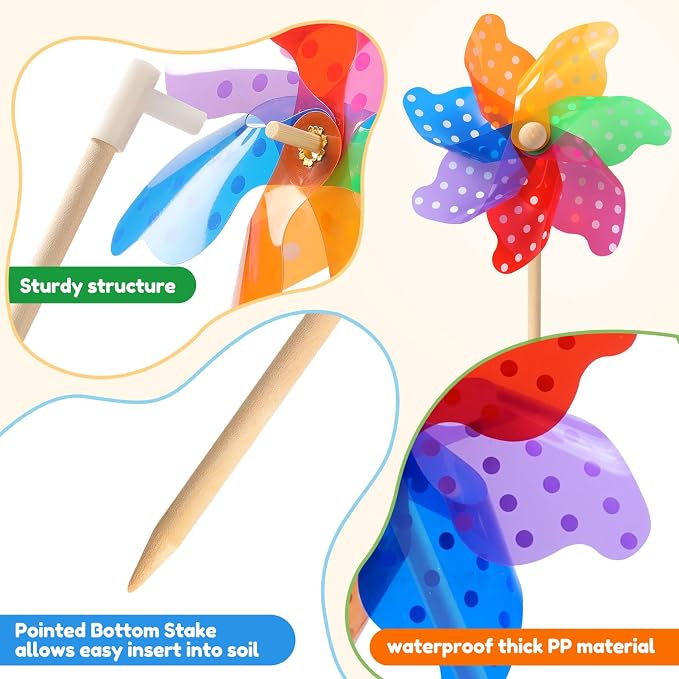 IilLittle 10 Pack Rainbow Pinwheel, Pinwheels for Kids | Assembly Instructions Included, Easy Assembly, Wooden Pole, PP Plastic, Waterproof, Sturdy
