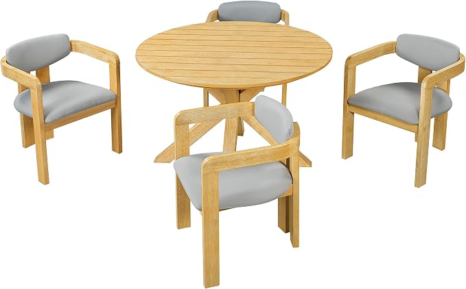 Christopher Knight Home Katy Modern 5 Piece Outdoor Dining Set, Round Dining Table Set for 4 with Chairs, Acacia Wood Patio Furniture Set with Barrel Chairs and Seat & Back Cushions, Grey+Natural