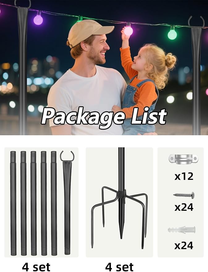 String Light Poles for Outside, 4 Pack 10 ft Adjustable Light Poles | Heavy Duty, Weather Resistant, 5 Prong Stable Base, Ground & Fence Mount, Fence Clips Included, For Patio Garden Porch Decor