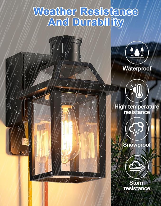 Porch Light with GFCI Outlet and Remote, Motion Sensor, Black, 2 Pack | Dusk to Dawn Motion Sensor Outdoor Light 4 Lighting Modes Exterior Fixture Outside Lights for Porch Garage House