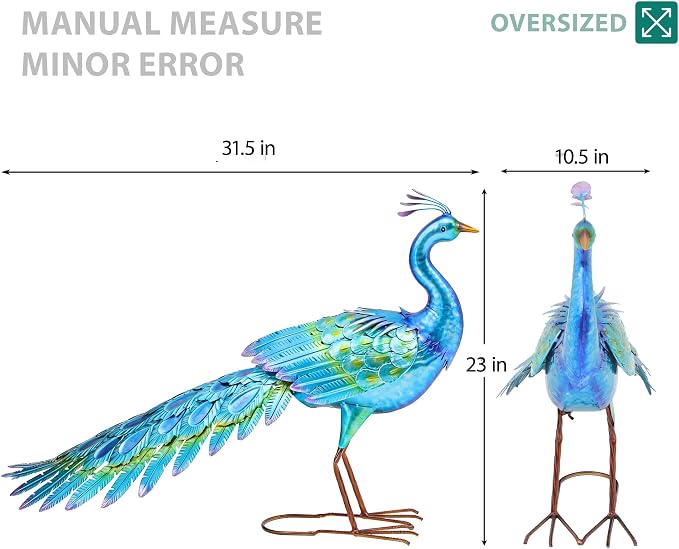 31" L Metal Peacock Garden Statue,Handcrafted Outdoor Yard Art | Large Walking Bird Decor, Iridescent Blue & Green Finish , Ground Stakes, Lifelike Sculpture for Garden Lawn Flowerbed