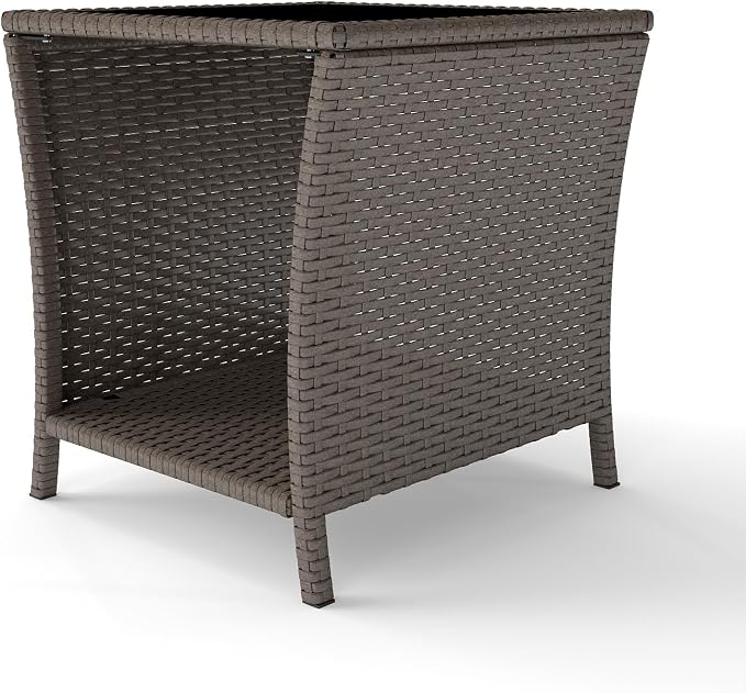 Kinfant Rattan Patio Side Table - Modern Wicker End Table, PE Rattan Coffee Table with Glass Top, Weather-Resistant Patio Furniture for Patio, Balcony, Garden, and Poolside (1, Sesame)