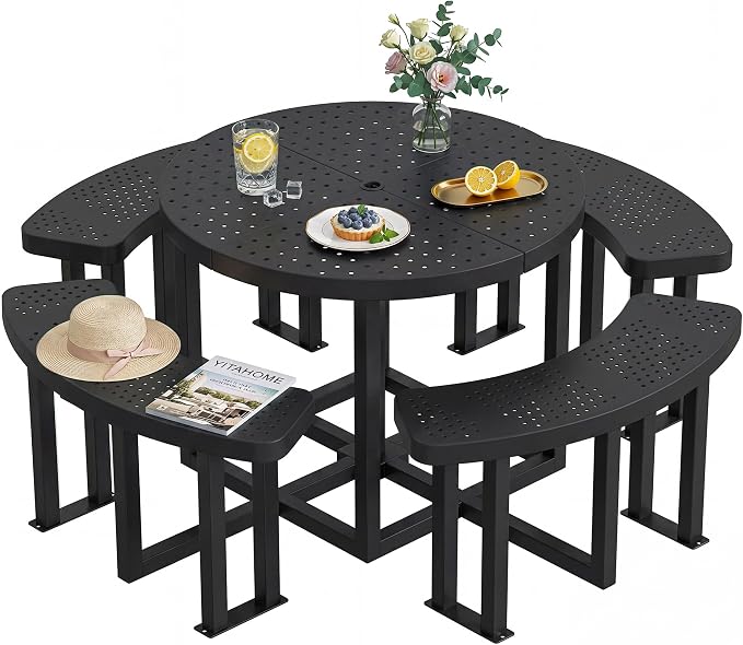 YITAHOME 38" Round Metal Picnic Table with Umbrella Hole, Q235 Carbon Steel Heavy Duty Outdoor Table, Black Industrial Patio Set for Backyard, Park, and Lawn
