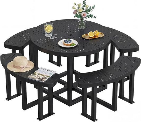 YITAHOME 38" Round Metal Picnic Table with Umbrella Hole, Q235 Carbon Steel Heavy Duty Outdoor Table, Black Industrial Patio Set for Backyard, Park, and Lawn