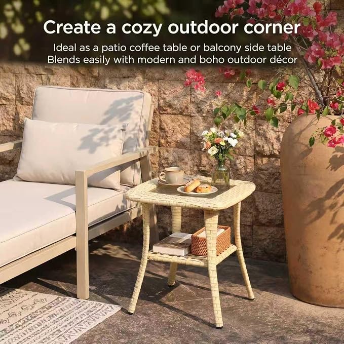 Outdoor Wicker Patio Side Table with Tempered Glass Top, 2-Tier Patio End Table with Storage Shelf, All-Weather PE Rattan Small Patio Table for Balcony, Backyard, Garden, Porch
