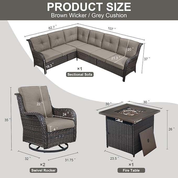 Belord Patio Furniture Set with Fire Pit Table, Outdoor Swivel Rocker Patio Chairs, Oversized Outdoor Sectional Couch, Two 3-Seater Sofas with Coffee Table, Ideal for Porch, Deck, Brown Wicker/Gray