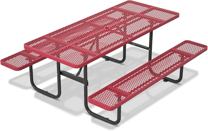 Picnic Tables for Outdoors with Umbrella Hole-Coated Steel Heavy Duty Commercial Grade Table with Seats,Commercial Metal Picnic Tables,Heavy Rectangular Furniture Set for a Lifetime (red)