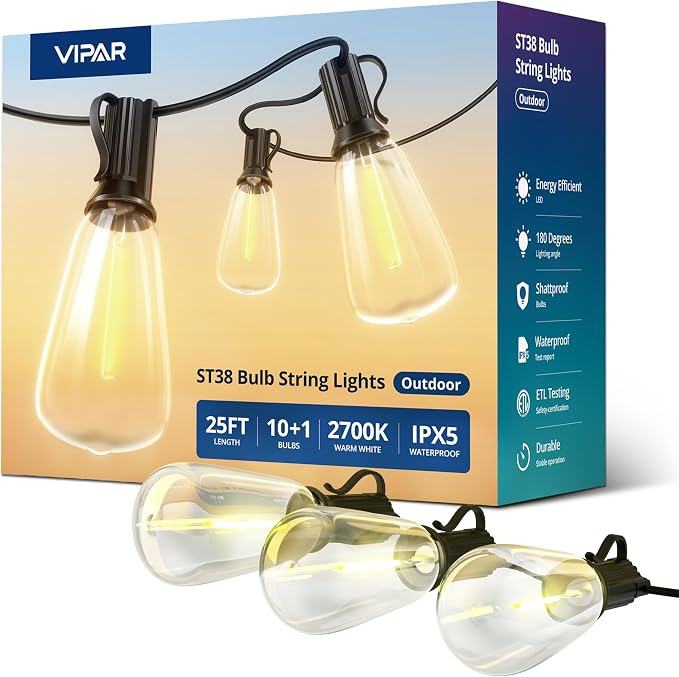 VIPAR Outdoor String Lights,25FT LED Patio Lights Waterproof 11 ST38 Bulbs | Shatterproof,Edison Outside Lights,Plug-In,2700K Dimmable, Connectable, Hanging Light for Porch Garden Backyard Deck Balcony
