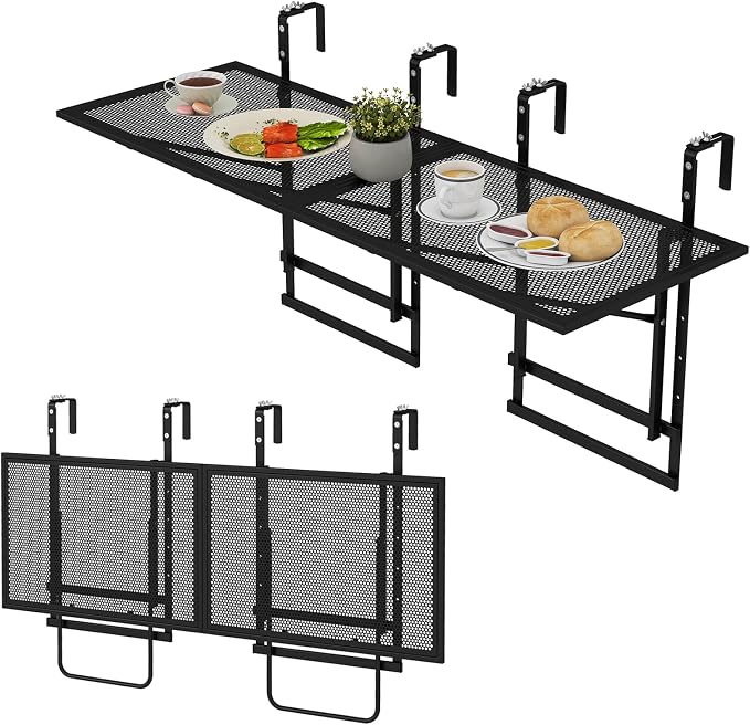 Tangkula Balcony Railing Table, 48" Outdoor Space-Saving Folding Hanging Table with 5-Level Adjustable Height, Metal Frame, Fits Railings Up to 1.5"-3.5" Thick for Patio, Porch, Deck