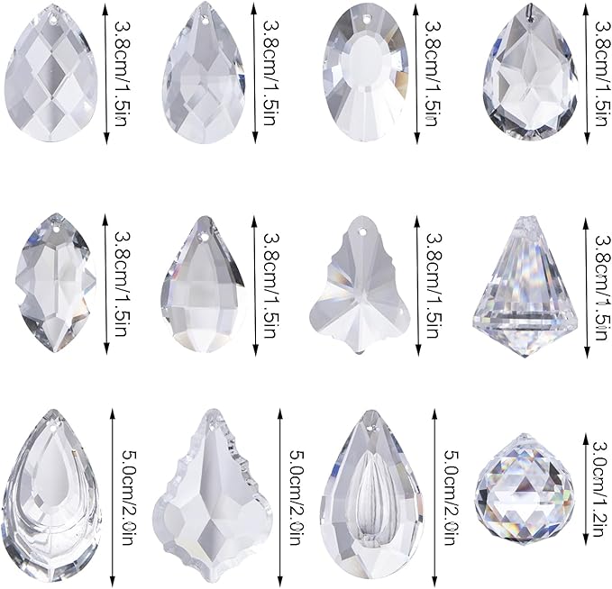 12 Pcs Clear Crystal Prism Pendants Chandelier Lamp Parts Suncatcher Decor | Clear Prism Pendants Chandelier Lamp Lighting Drops Suncatcher Hanging Ornaments for Window Garden Home Office Wedding Decor