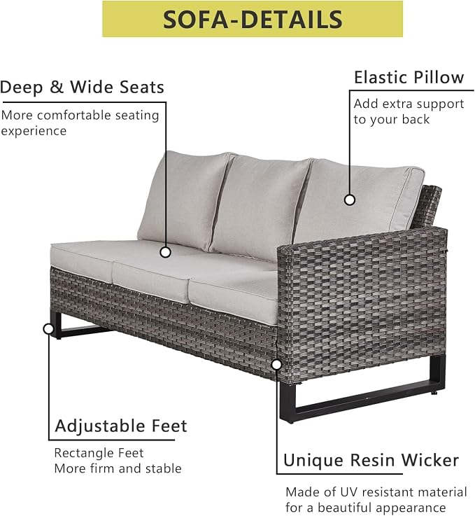 HUMMUH 8 Piece Patio Furniture with Fire Pit,PE Wicker Outdoor Conversation Sets-6-Seater Sofa,Patio Swivel Chairs Outdoor Chairs, Propane Fire Pit,Side Table for Porch,Garden,Backyard