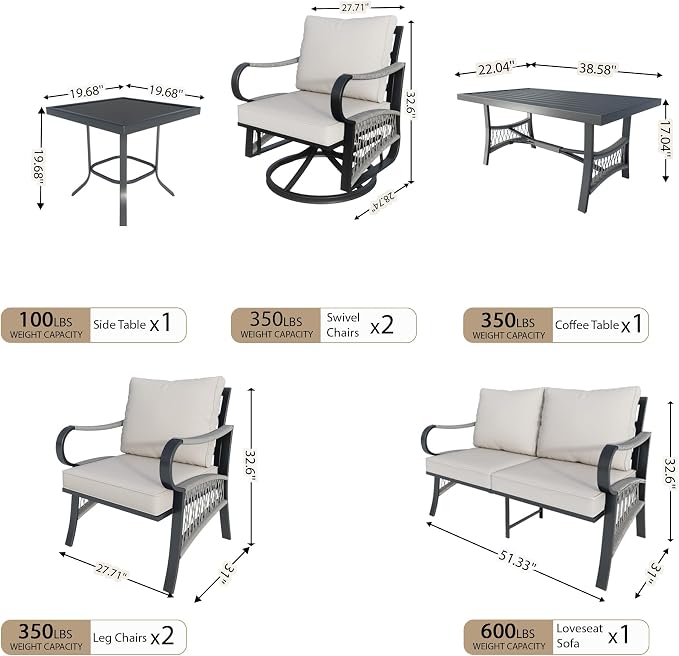 7 Pieces Outdoor Patio Conversation Sets, Outdoor Furniture Set Metal Swivel Rocking Chairs with Side Table, Loveseat Sofa Single Chairs with Coffee Table for Backyard Deck Porch Poolside, Beige
