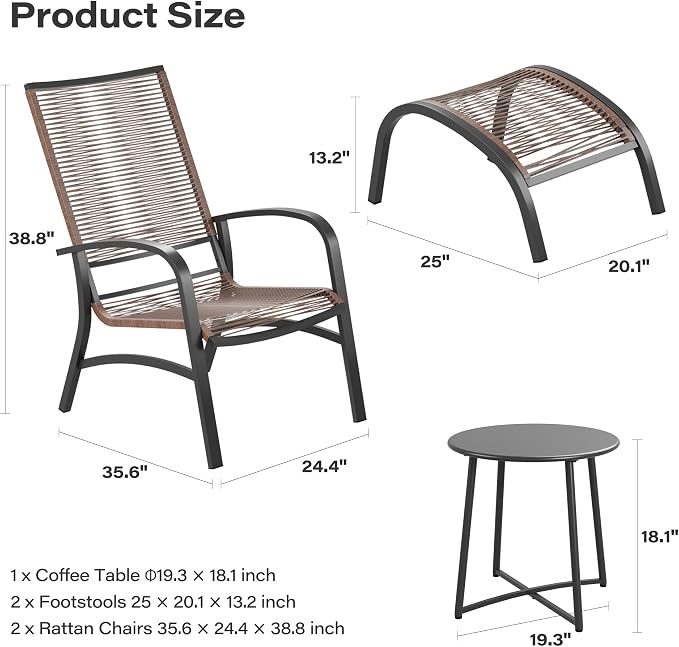 LAUSAINT HOME 5 Piece Patio Conversation Set, PE Wicker Rattan Outdoor Lounge Chairs with 2 Ottoman&Table, Wicker Conversation Bistro Set for Backyard, Porch, Balcony (Brown)