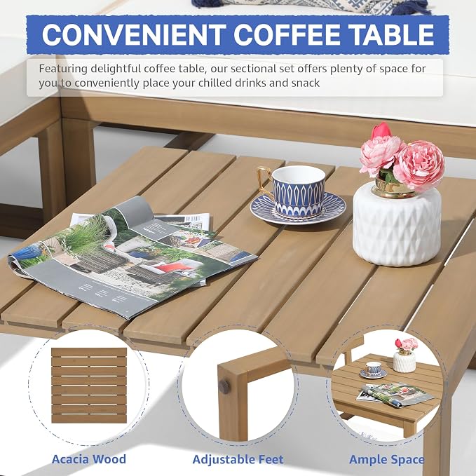SUNSITT 4 Piece Acacia Wood Patio Furniture with Waterproof Cover, L-Shaped Outdoor Sectional Sofa Set with Coffee Table, FSC Certified Conversation Set with Built-in Side Table & Cream White Cushions