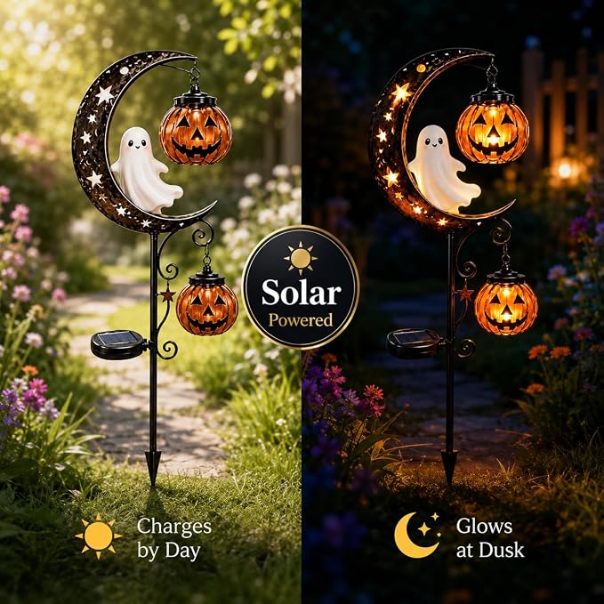 Solar Halloween White Ghost & Pumpkin Moon Garden Stake Light, Outdoor Waterproof LED Yard Decoration with Crescent Moon, Hanging Jack-o'-Lantern Lantern for Garden, Patio, Walkway, Porch(Style D)