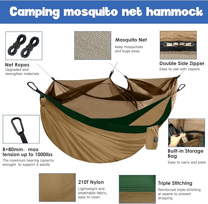 Gold Armour Camping Hammock - Camping Essentials, Double Hammock with Bug Net, Camping Gear Hammock for Outside, Hiking, and Travel (Khaki & Green)