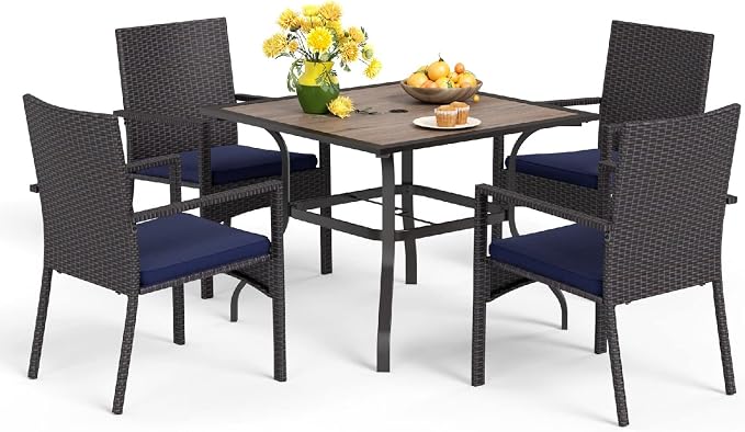 MFSTUDIO 5 Piece Patio Dining Table Set for 4, 37" Square Outdoor Metal Table & Wicker Chairs, Patio Dining Furniture Wood-Like Table and Chairs for 4, Deck, Yard, Porch
